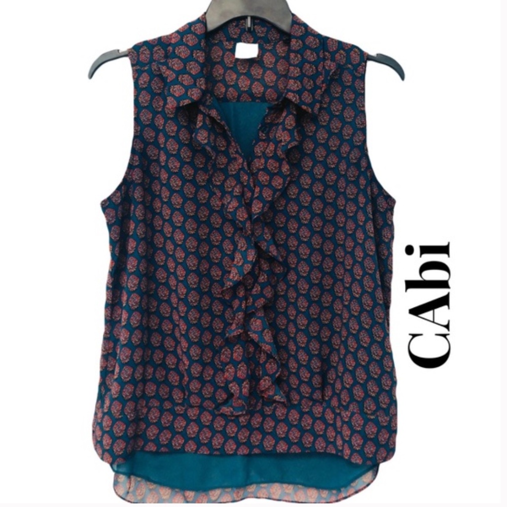 CAbi 3275 Medallion Reign Sleeveless Ruffle Front Blouse Top Teal Size Medium